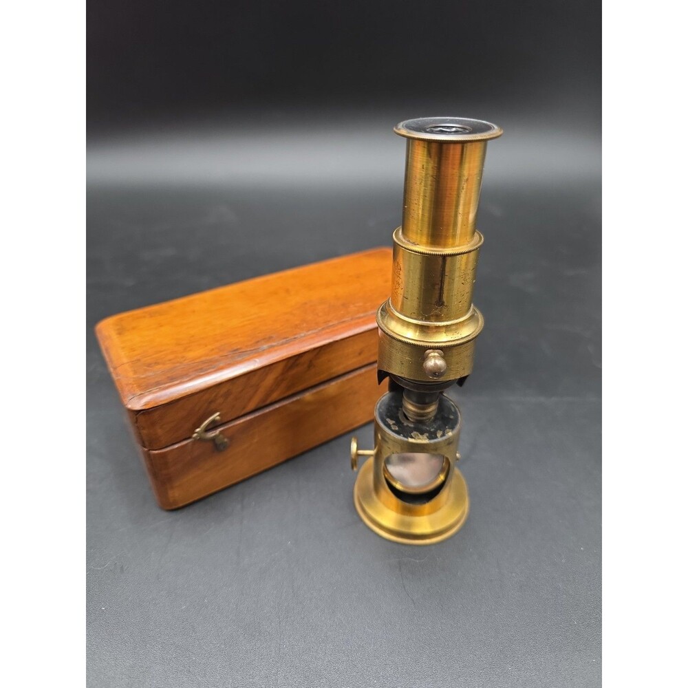 Antique Small 6" Brass Field Microscope W Box Rare